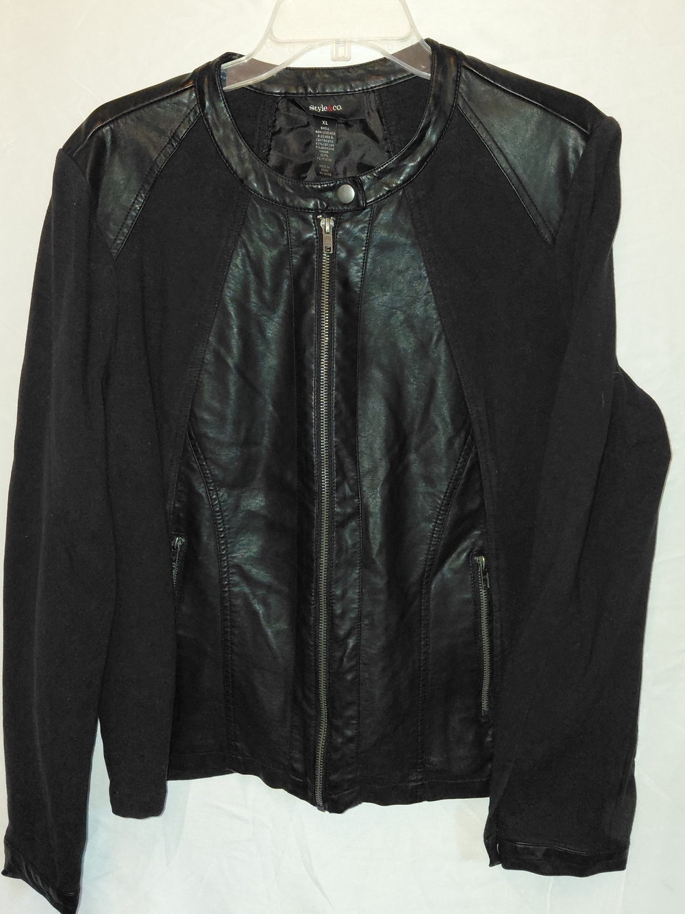 Style & Co. Black Faux-Leather Panel Zip Jacket